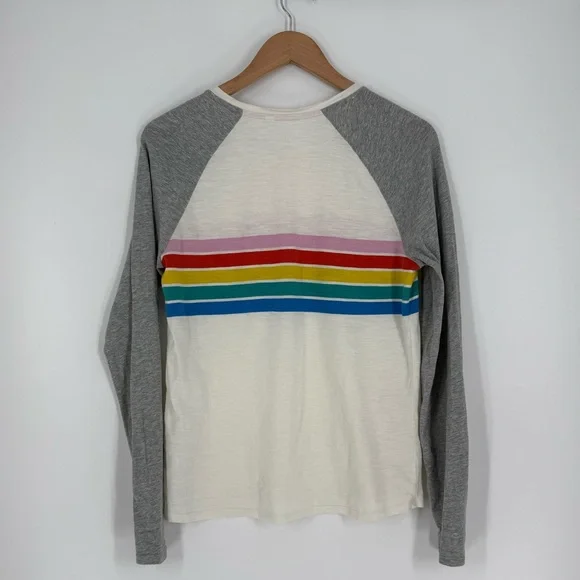 Boden Stripe Raglan Long Sleeve Baseball Tee in Off White/Grey/Rainbow | Medium - Picture 2 of 5